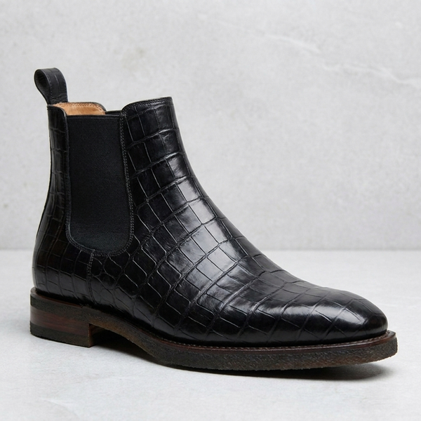 Black Crocodile-Print Leather Libeccio Chelsea Boot with Natural Leather Sole