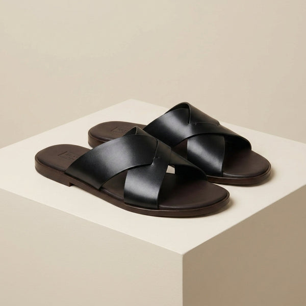 Black Leather Varenna Cross-Strap Slide Sandal