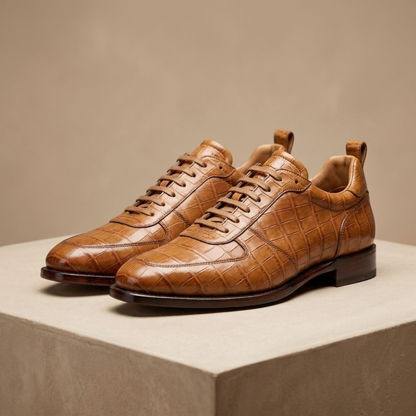 Tan Crocodile-Print Leather Cervo Lace-Up Derby