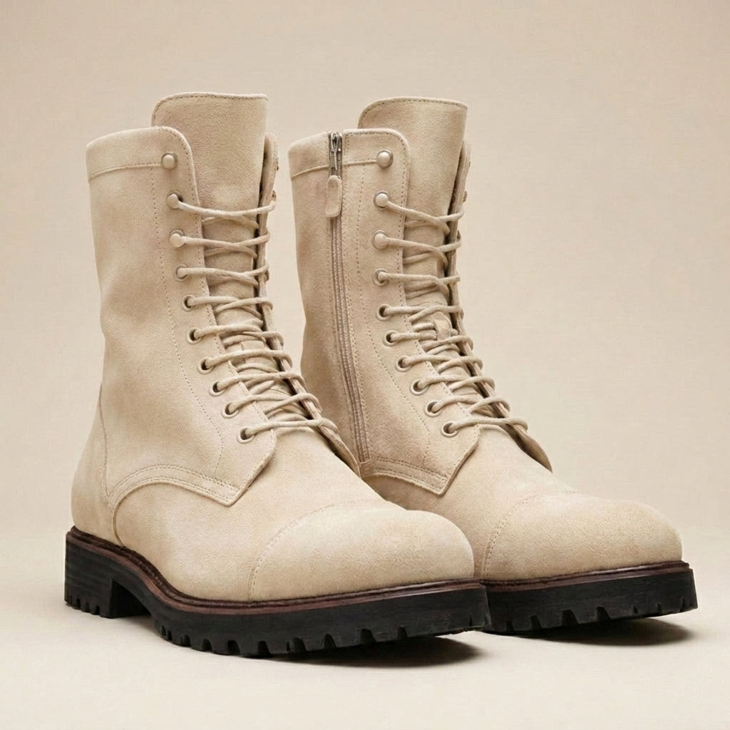 Height Increasing Cream Suede Pollino Lace-Up Combat Boot - 3 Inch Hidden Heel