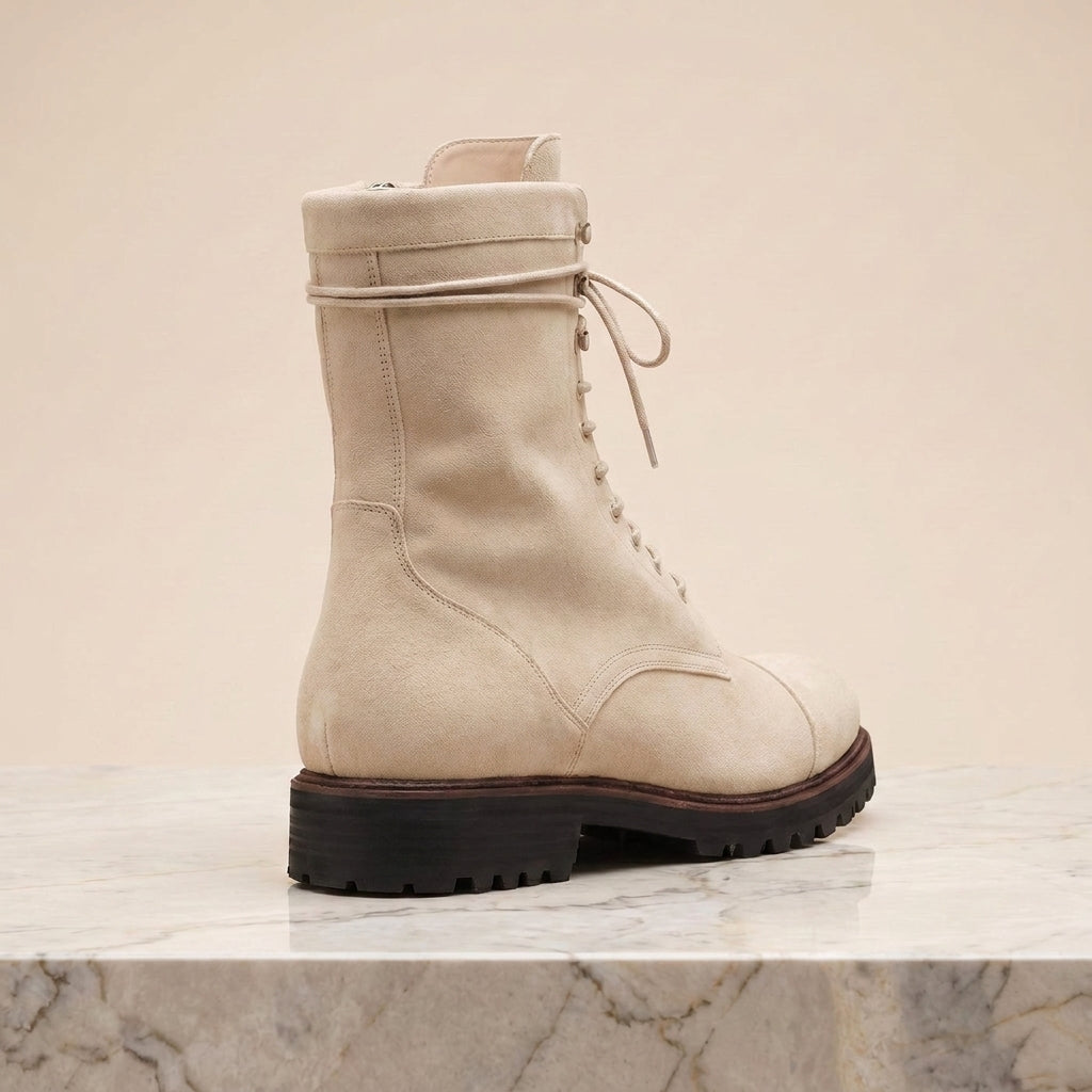 Height Increasing Cream Suede Pollino Lace-Up Combat Boot - 3 Inch Hidden Heel