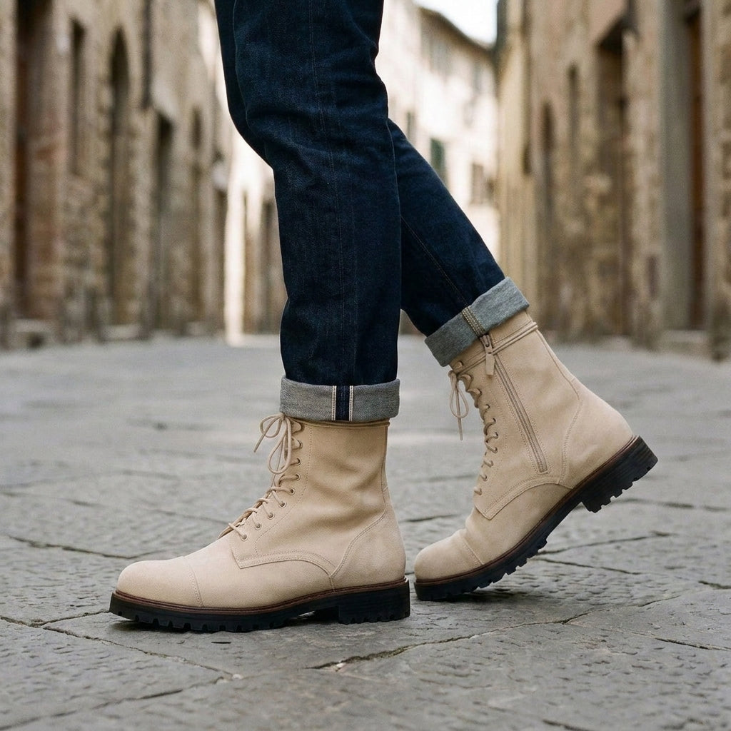 Height Increasing Cream Suede Pollino Lace-Up Combat Boot - 3 Inch Hidden Heel