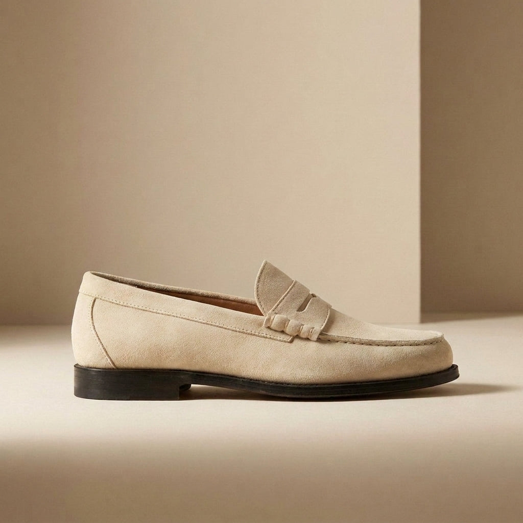 Height Increasing Cream Suede Modica Penny Loafer - 3 Inch Hidden Heel