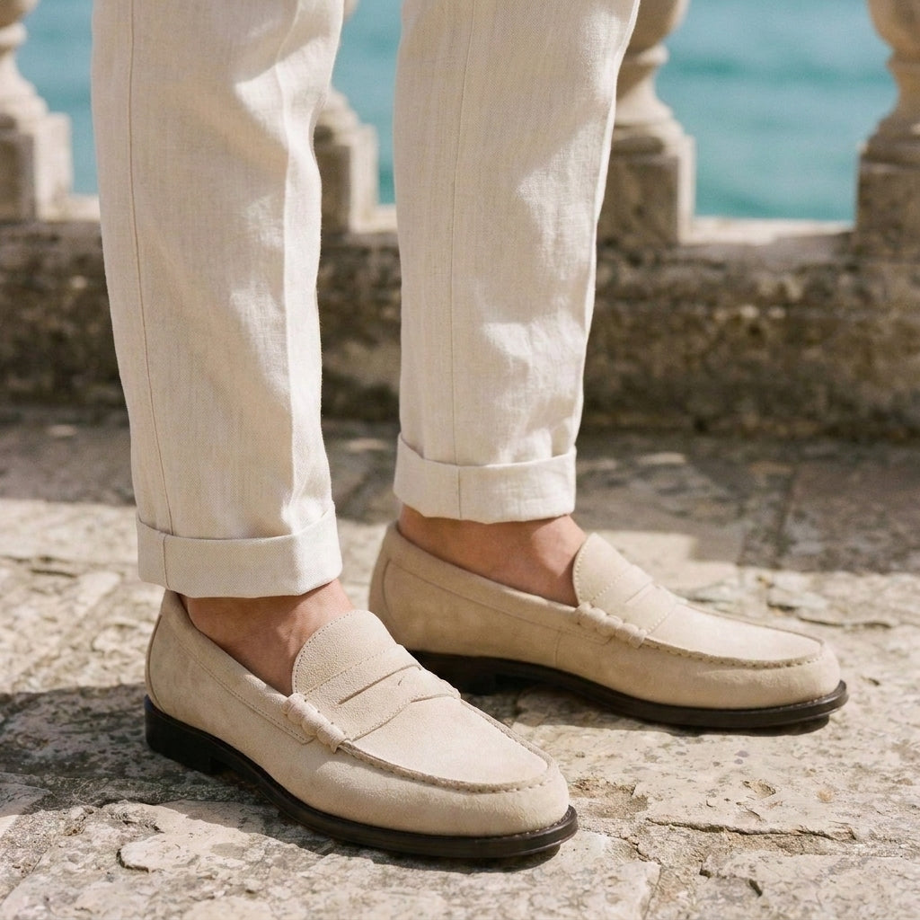Height Increasing Cream Suede Modica Penny Loafer - 3 Inch Hidden Heel