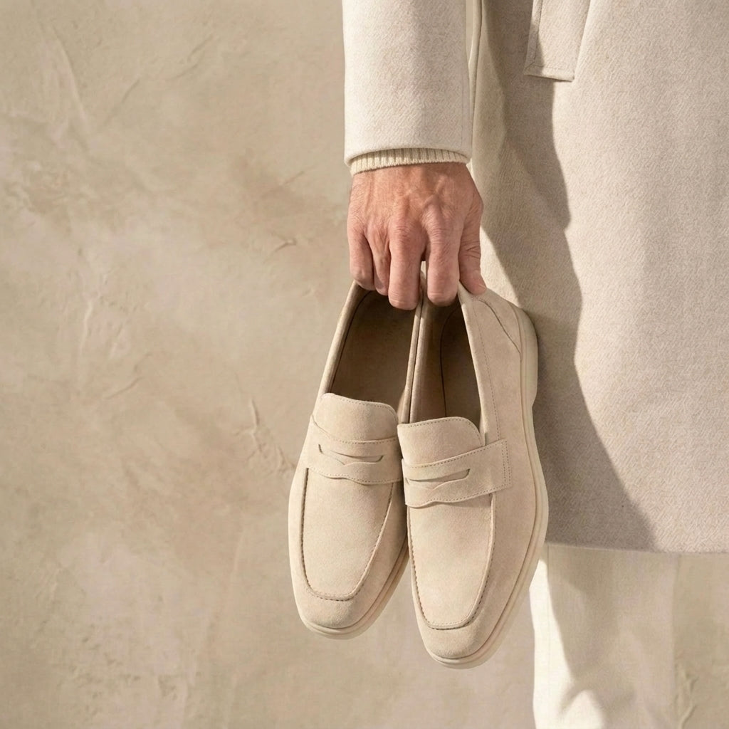 Height Increasing Cream Suede Bagnara Summer Penny Loafer - 3 Inch Hidden Heel