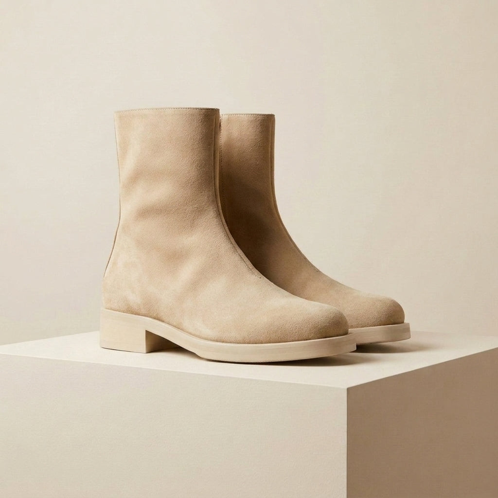 Height Increasing Cream Suede Massa Suede Ankle Boot - 3 Inch Hidden Heel