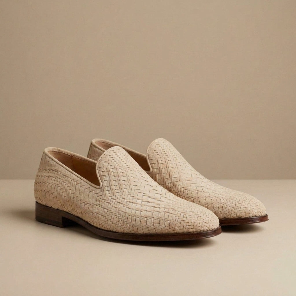 Height Increasing Cream Suede Conversano Woven Loafer - 3 Inch Hidden Heel