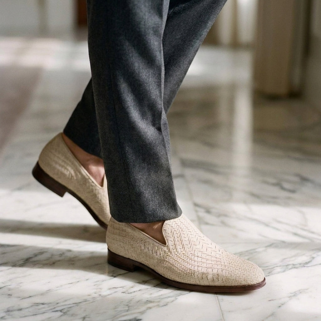 Height Increasing Cream Suede Conversano Woven Loafer - 3 Inch Hidden Heel