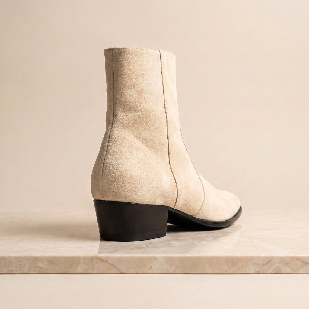 Height Increasing Cream Suede Marmolada Heeled Zip Boot - 3 Inch Hidden Heel