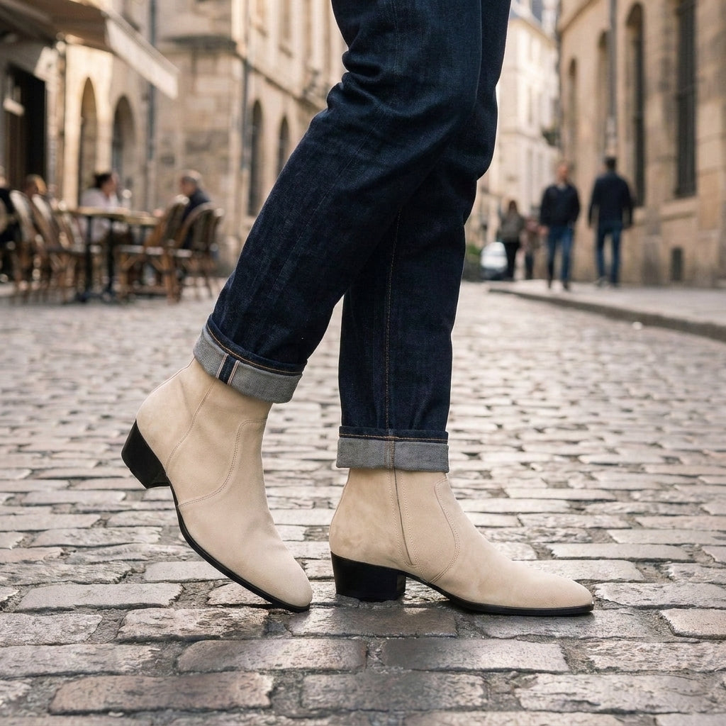 Height Increasing Cream Suede Marmolada Heeled Zip Boot - 3 Inch Hidden Heel