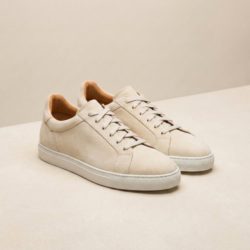 Height Increasing Cream Suede Crotone Woven Sneaker - 3 Inch Hidden Heel