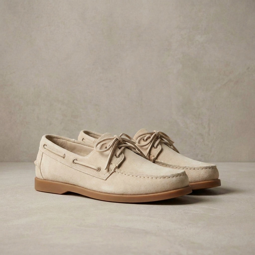 Height Increasing Cream Suede Camogli Boat Shoe - 3 Inch Hidden Heel