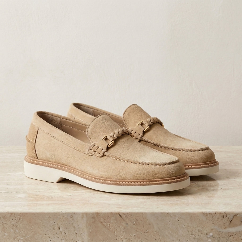 Height Increasing Cream Suede Portofino Loafer with White Yacht Sole - 3 Inch Hidden Heel