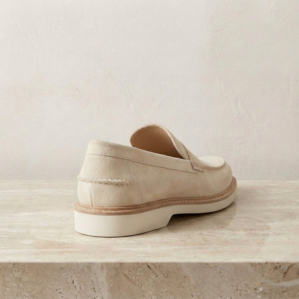 Height Increasing Cream Suede Portofino Loafer with White Yacht Sole - 3 Inch Hidden Heel