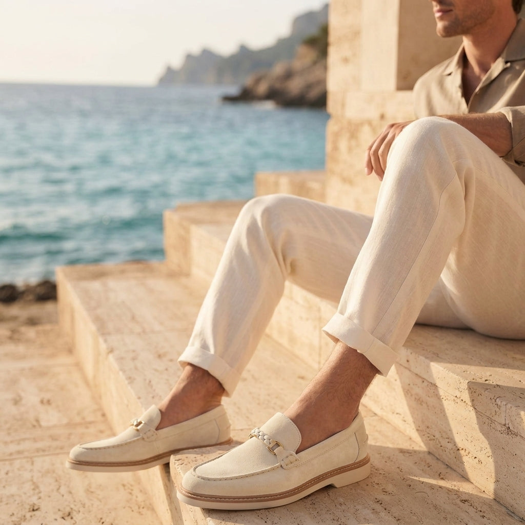Height Increasing Cream Suede Portofino Loafer with White Yacht Sole - 3 Inch Hidden Heel
