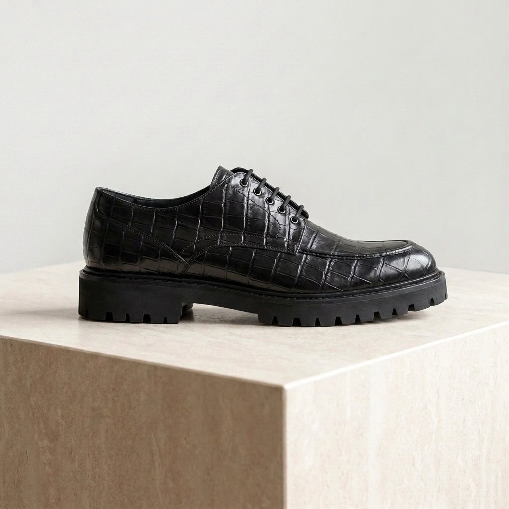 Black Crocodile-Print Leather Adamello Chunky Derby with Pebble Rubber Sole