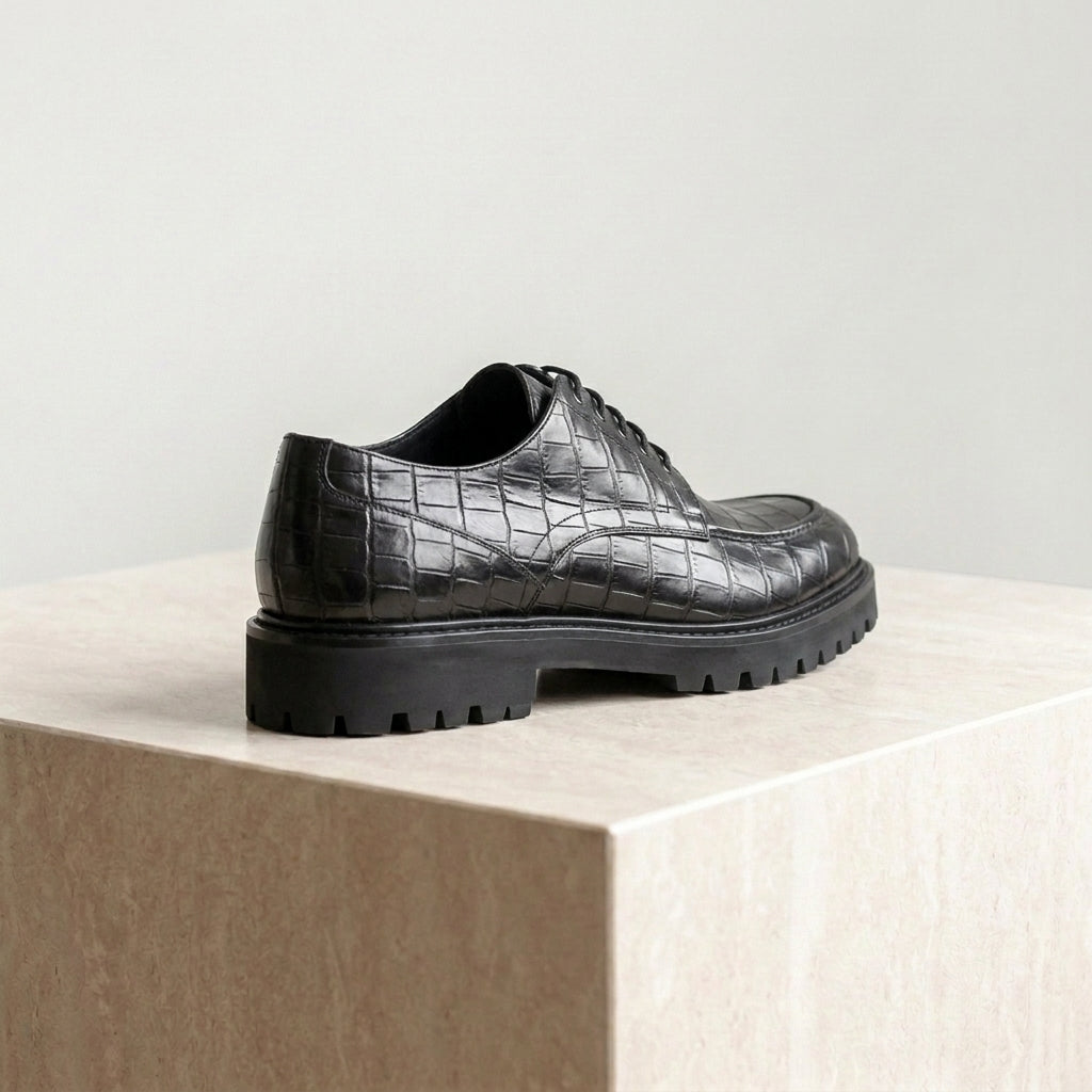 Black Crocodile-Print Leather Adamello Chunky Derby with Pebble Rubber Sole
