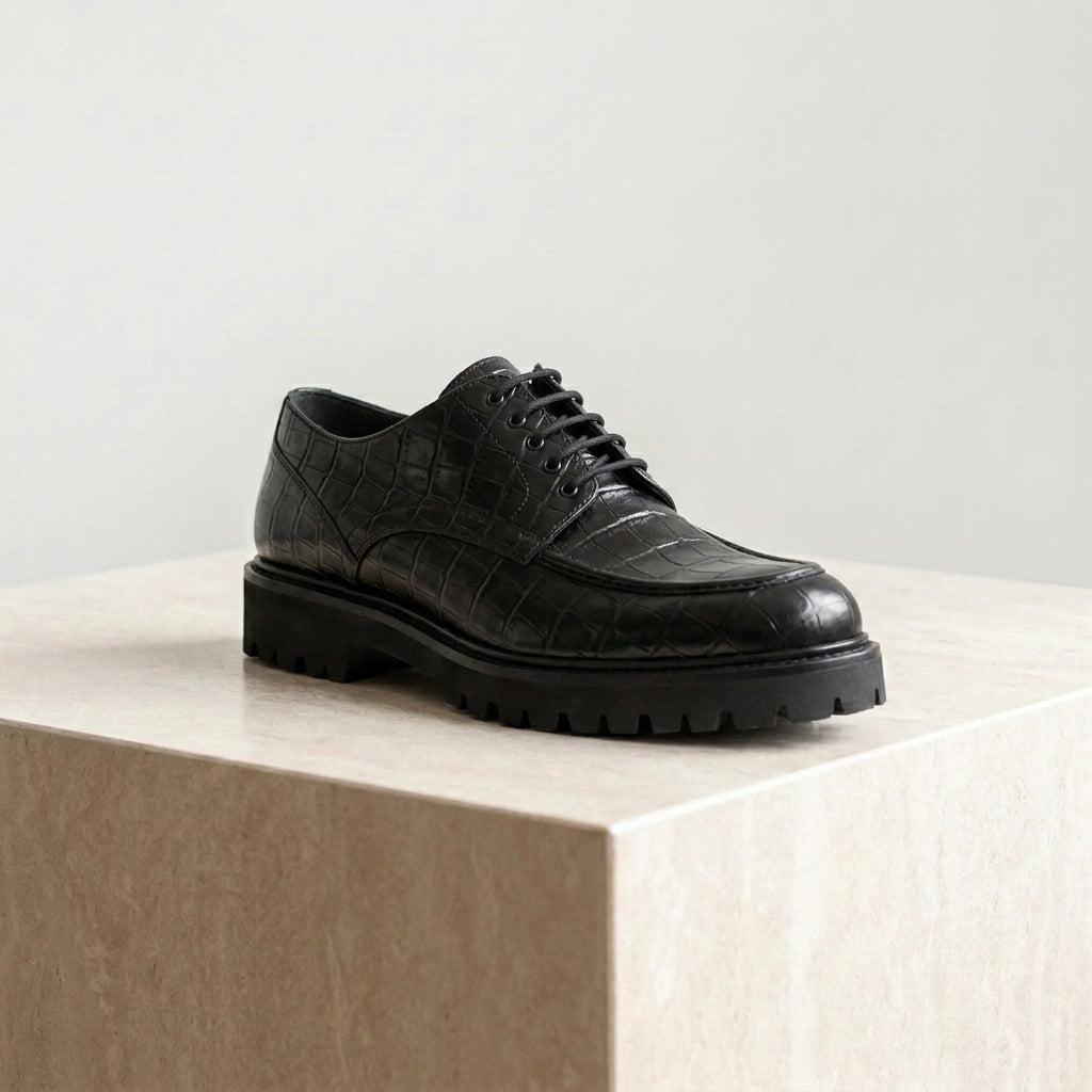 Black Crocodile-Print Leather Adamello Chunky Derby with Pebble Rubber Sole