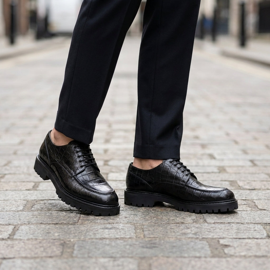Black Crocodile-Print Leather Adamello Chunky Derby with Pebble Rubber Sole