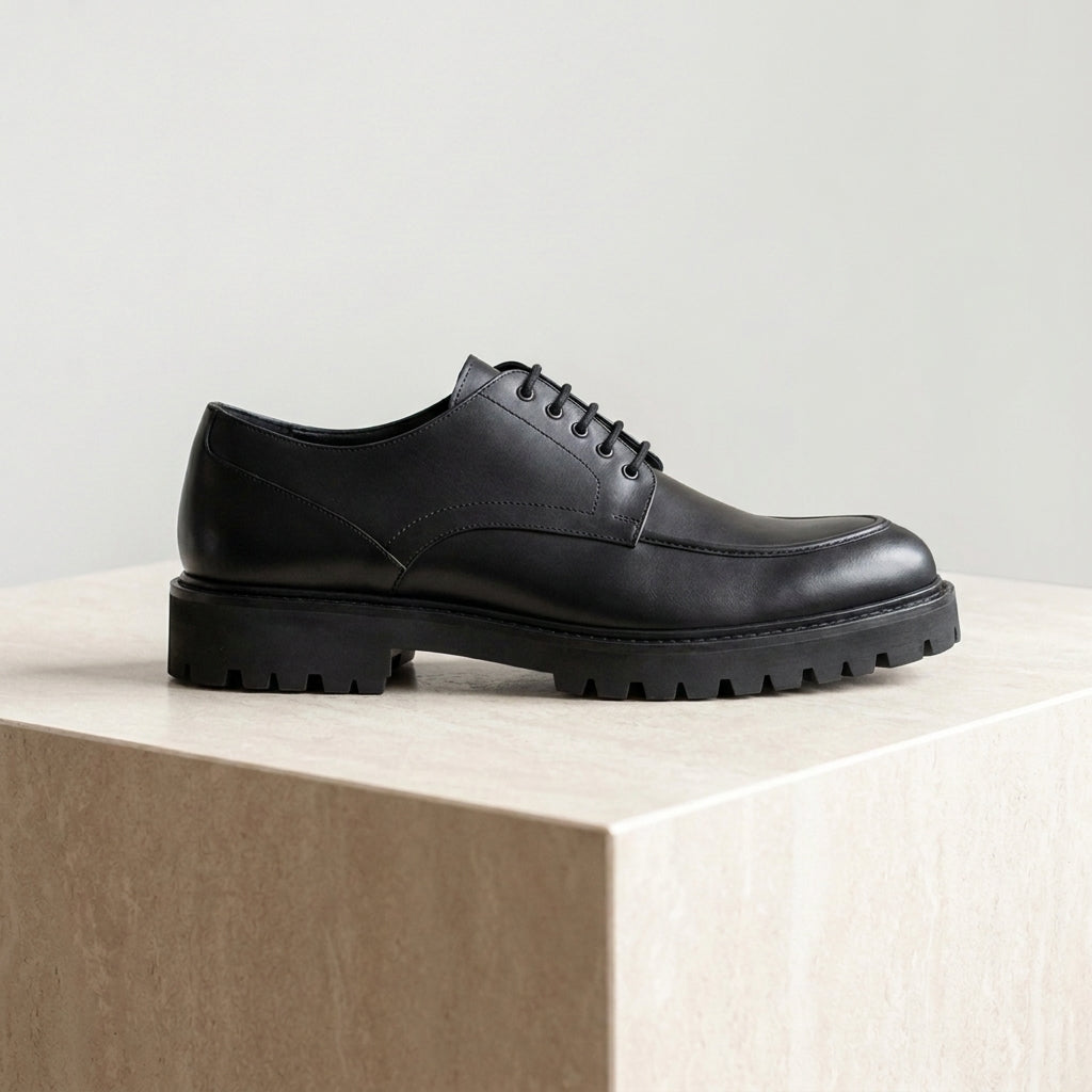 Black Leather Adamello Chunky Derby with Pebble Rubber Sole