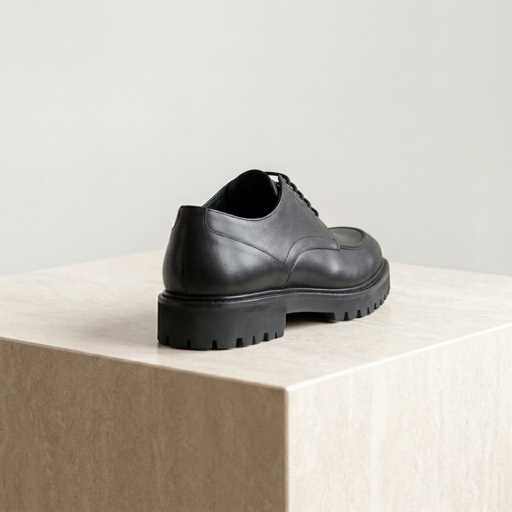 Black Leather Adamello Chunky Derby with Pebble Rubber Sole