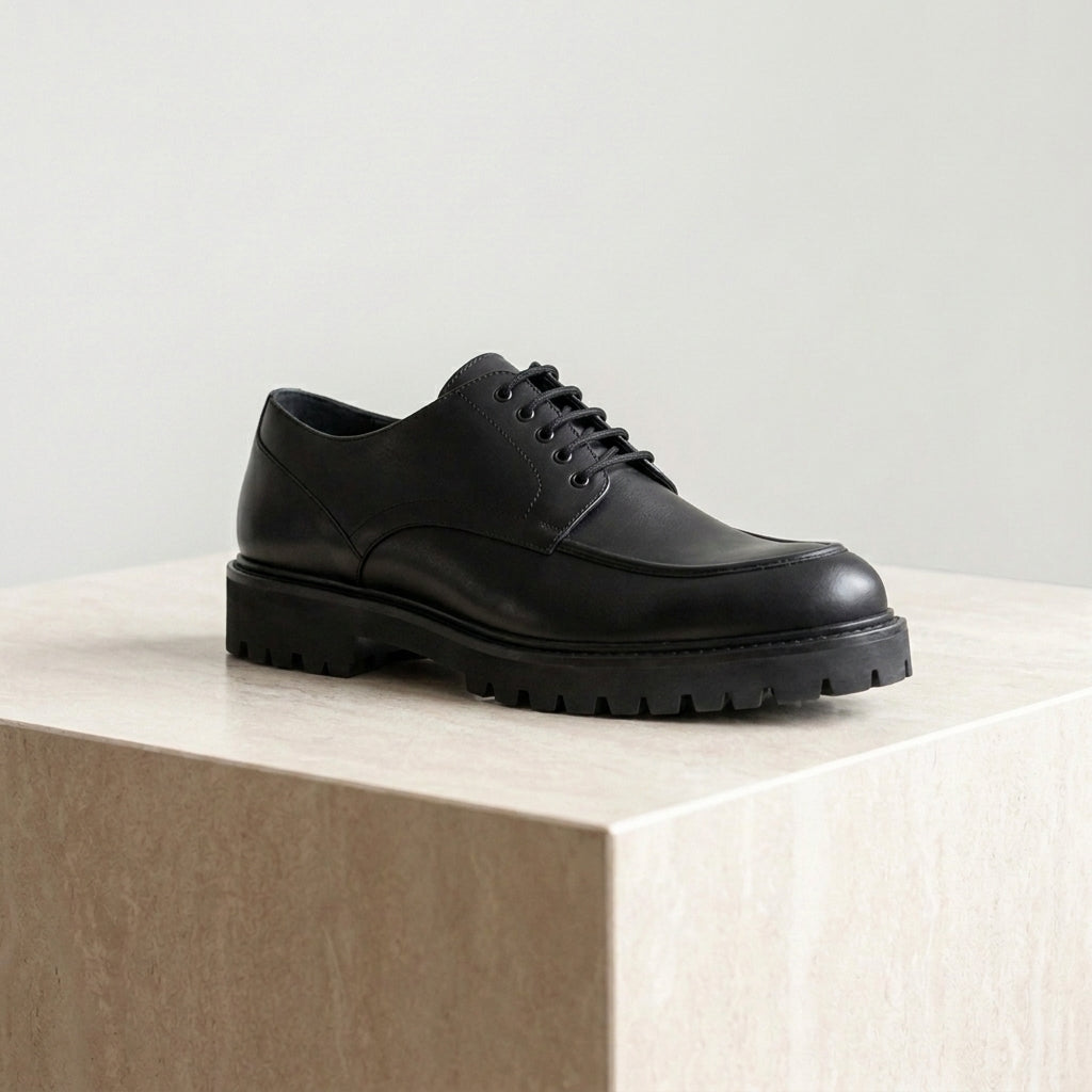 Black Leather Adamello Chunky Derby with Pebble Rubber Sole