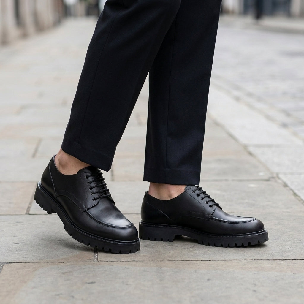 Black Leather Adamello Chunky Derby with Pebble Rubber Sole