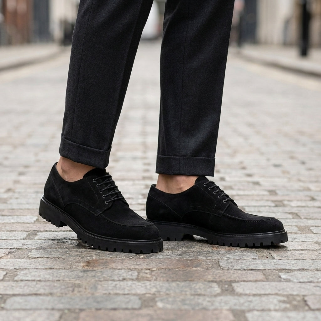 Black Suede Adamello Chunky Derby with Pebble Rubber Sole