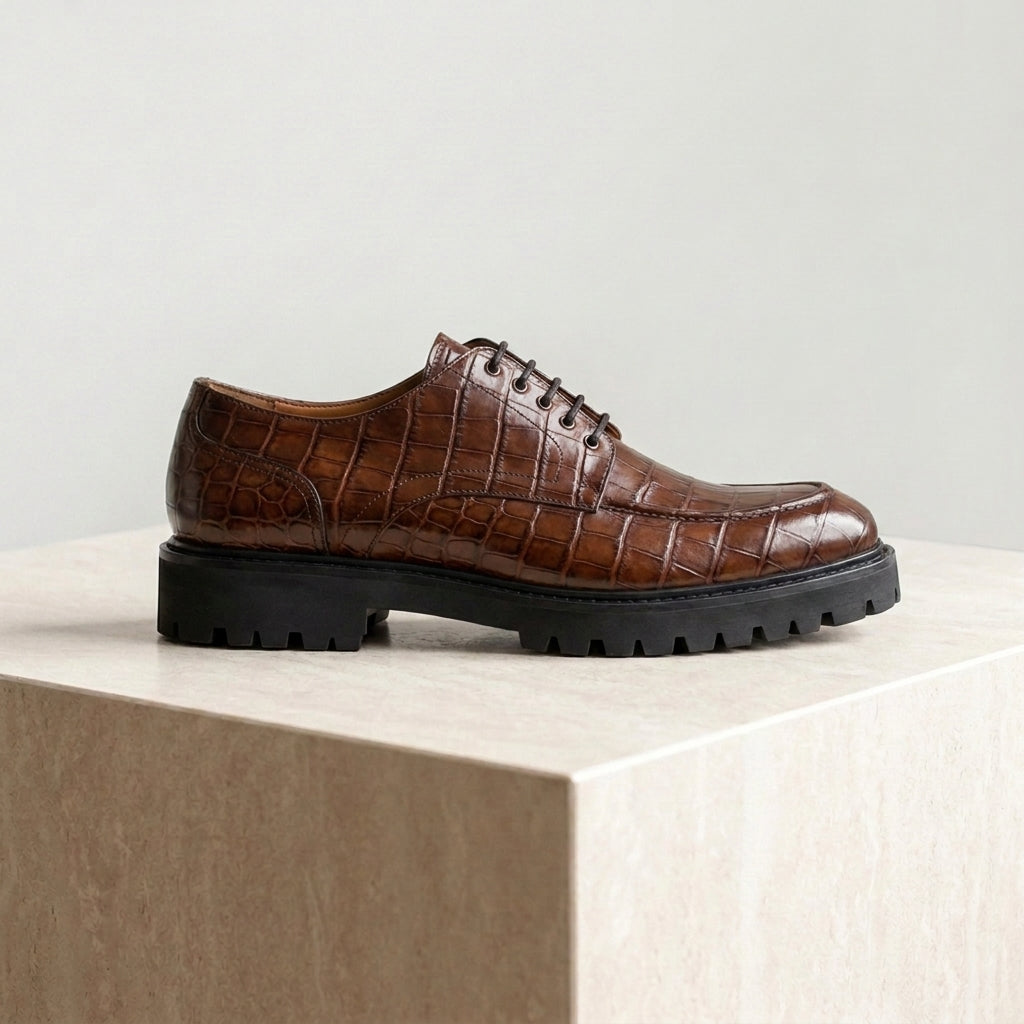 Brown Crocodile-Print Leather Adamello Chunky Derby with Pebble Rubber Sole