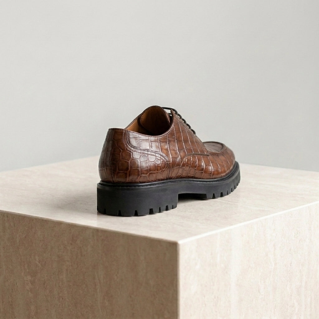 Brown Crocodile-Print Leather Adamello Chunky Derby with Pebble Rubber Sole