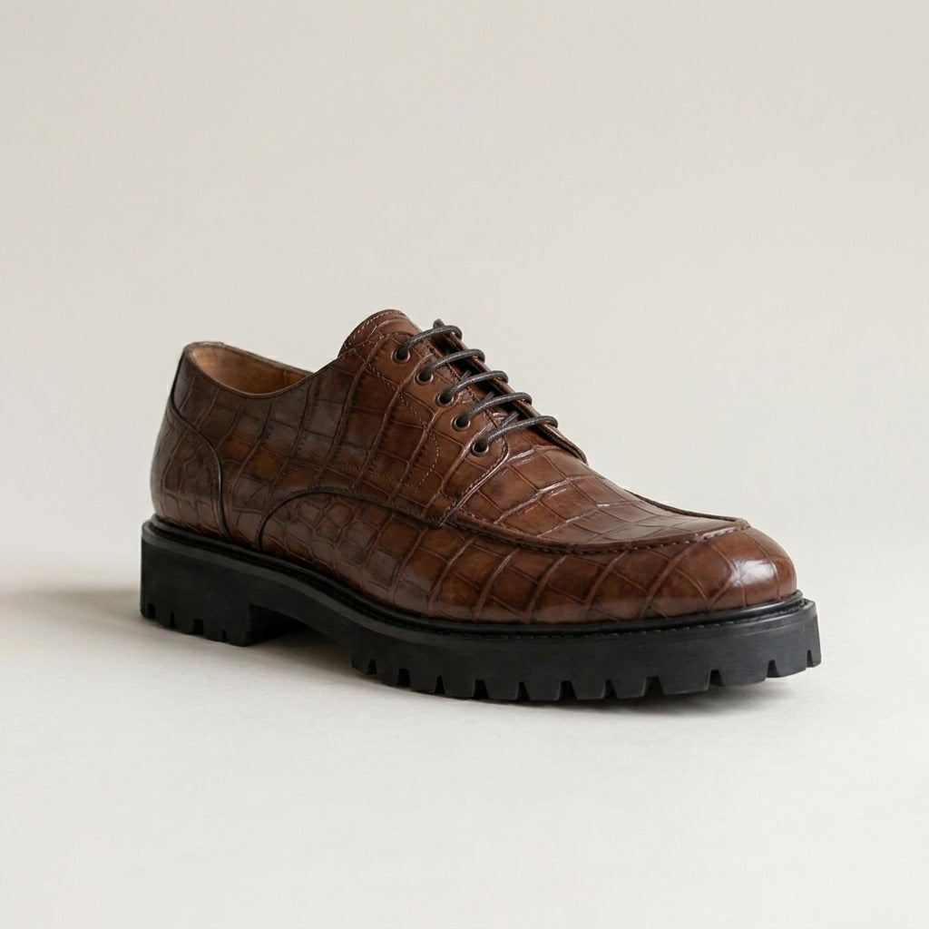 Brown Crocodile-Print Leather Adamello Chunky Derby with Pebble Rubber Sole