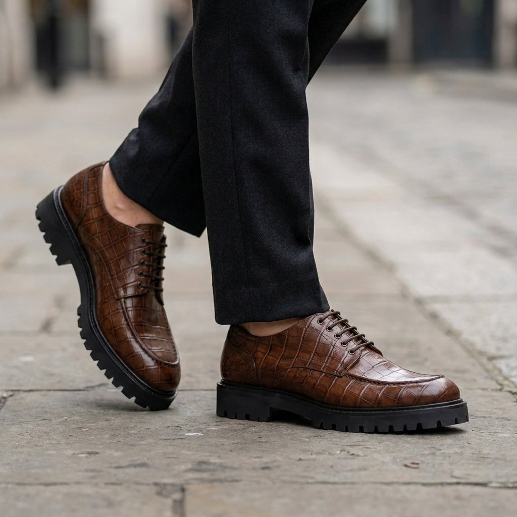 Brown Crocodile-Print Leather Adamello Chunky Derby with Pebble Rubber Sole