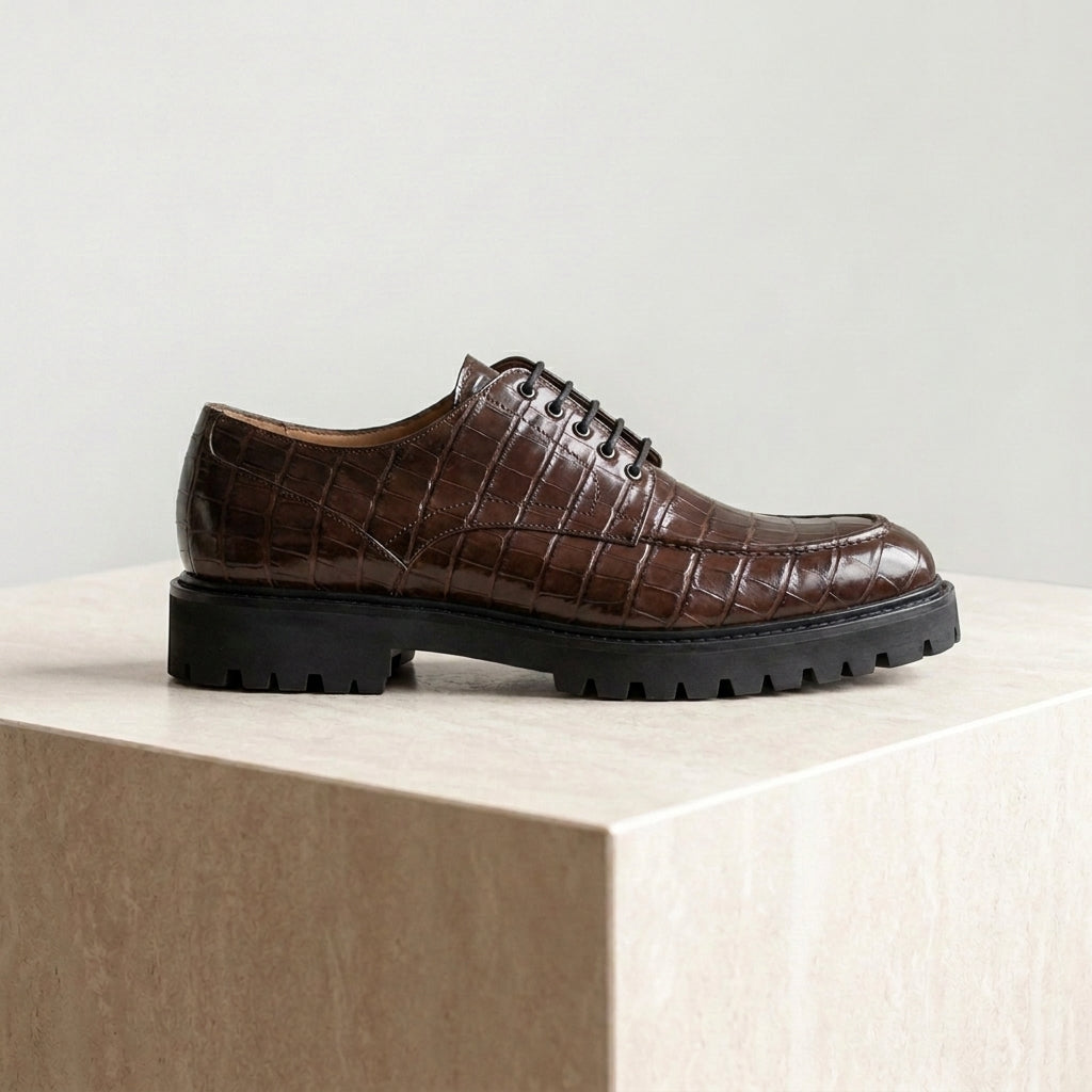 Burgundy Crocodile-Print Leather Adamello Chunky Derby with Pebble Rubber Sole