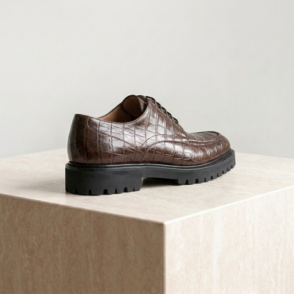 Burgundy Crocodile-Print Leather Adamello Chunky Derby with Pebble Rubber Sole