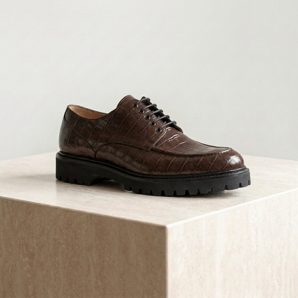 Burgundy Crocodile-Print Leather Adamello Chunky Derby with Pebble Rubber Sole