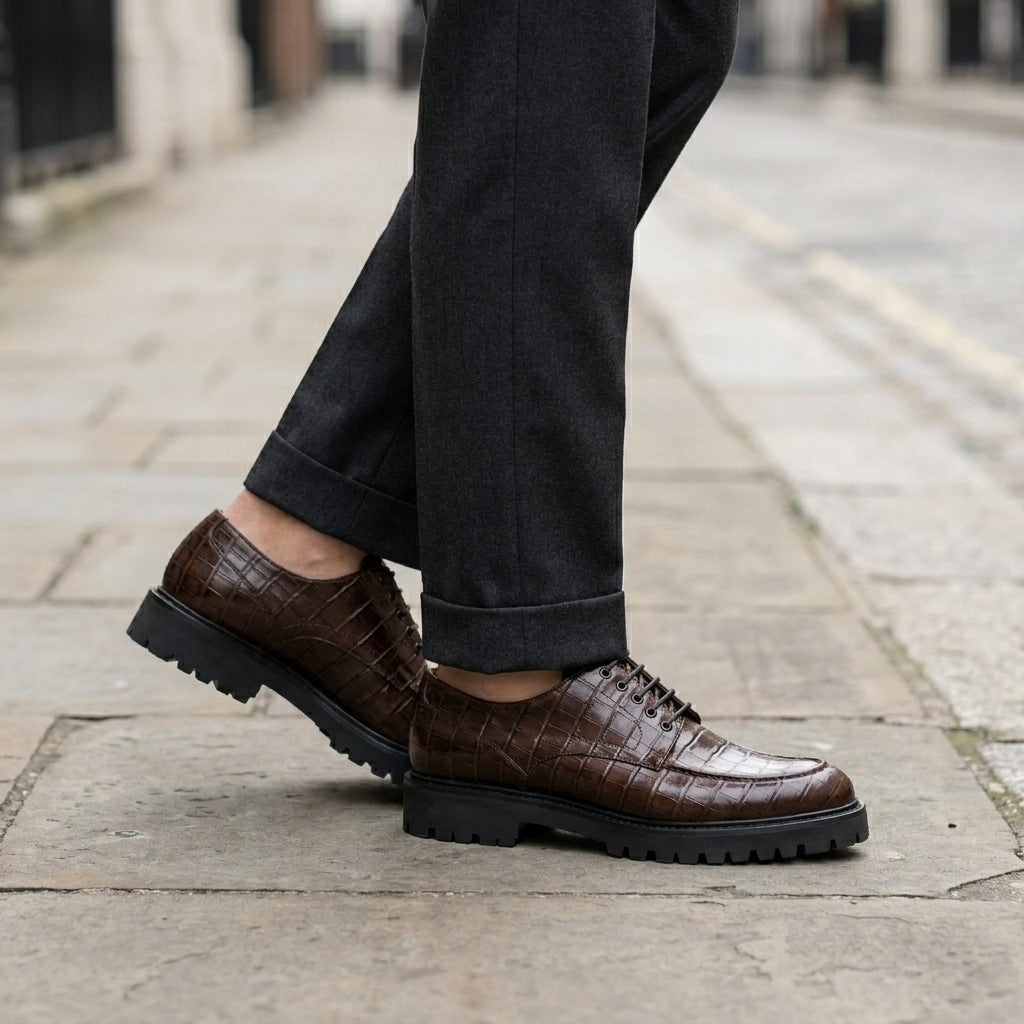 Burgundy Crocodile-Print Leather Adamello Chunky Derby with Pebble Rubber Sole