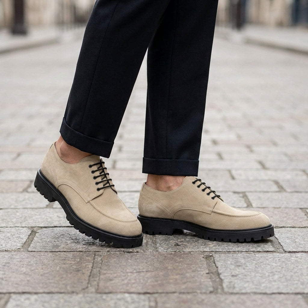 Cream Suede Adamello Chunky Derby with Pebble Rubber Sole