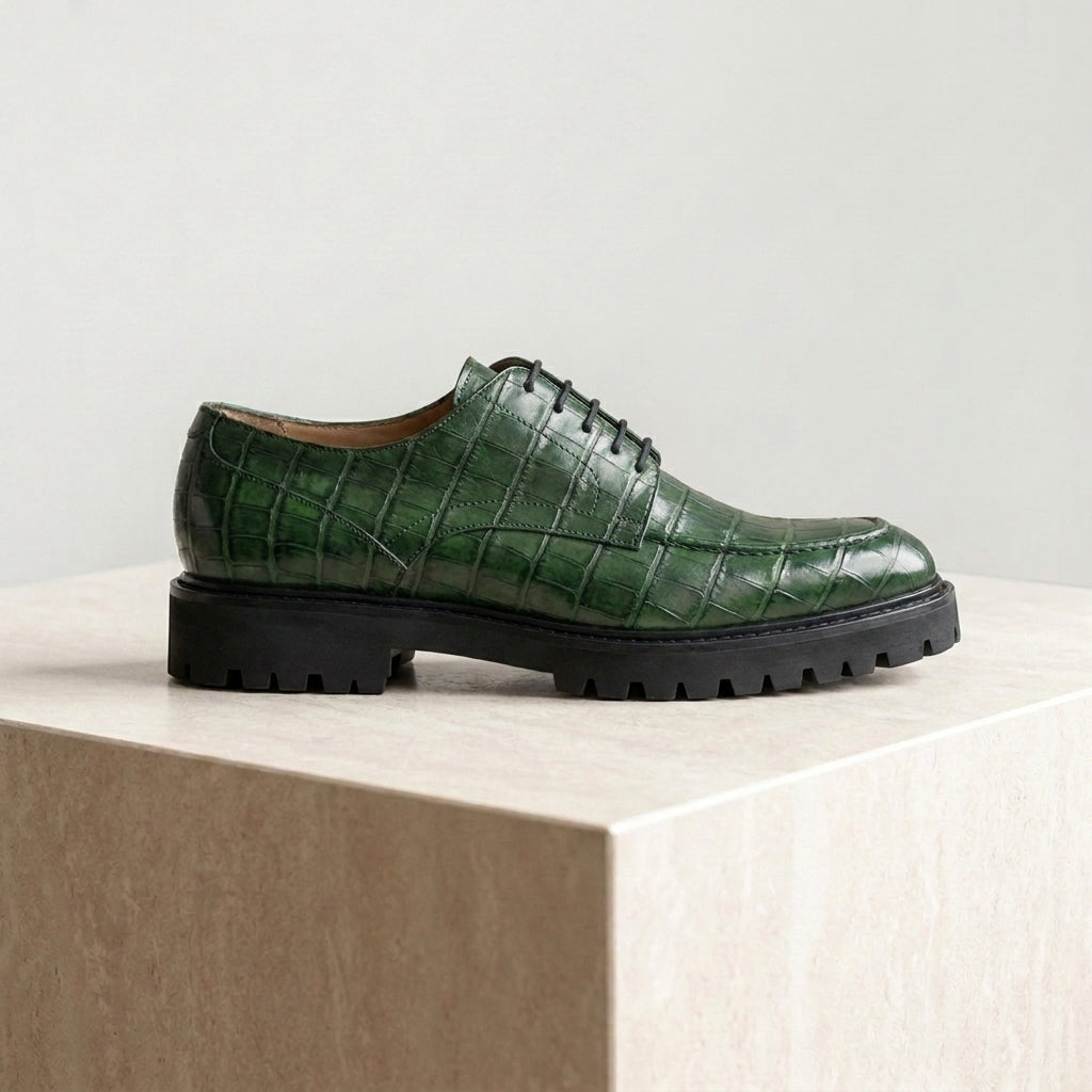 Green Crocodile-Print Leather Adamello Chunky Derby with Pebble Rubber Sole