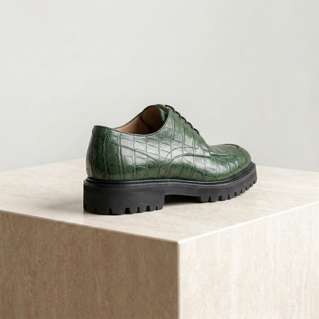 Green Crocodile-Print Leather Adamello Chunky Derby with Pebble Rubber Sole