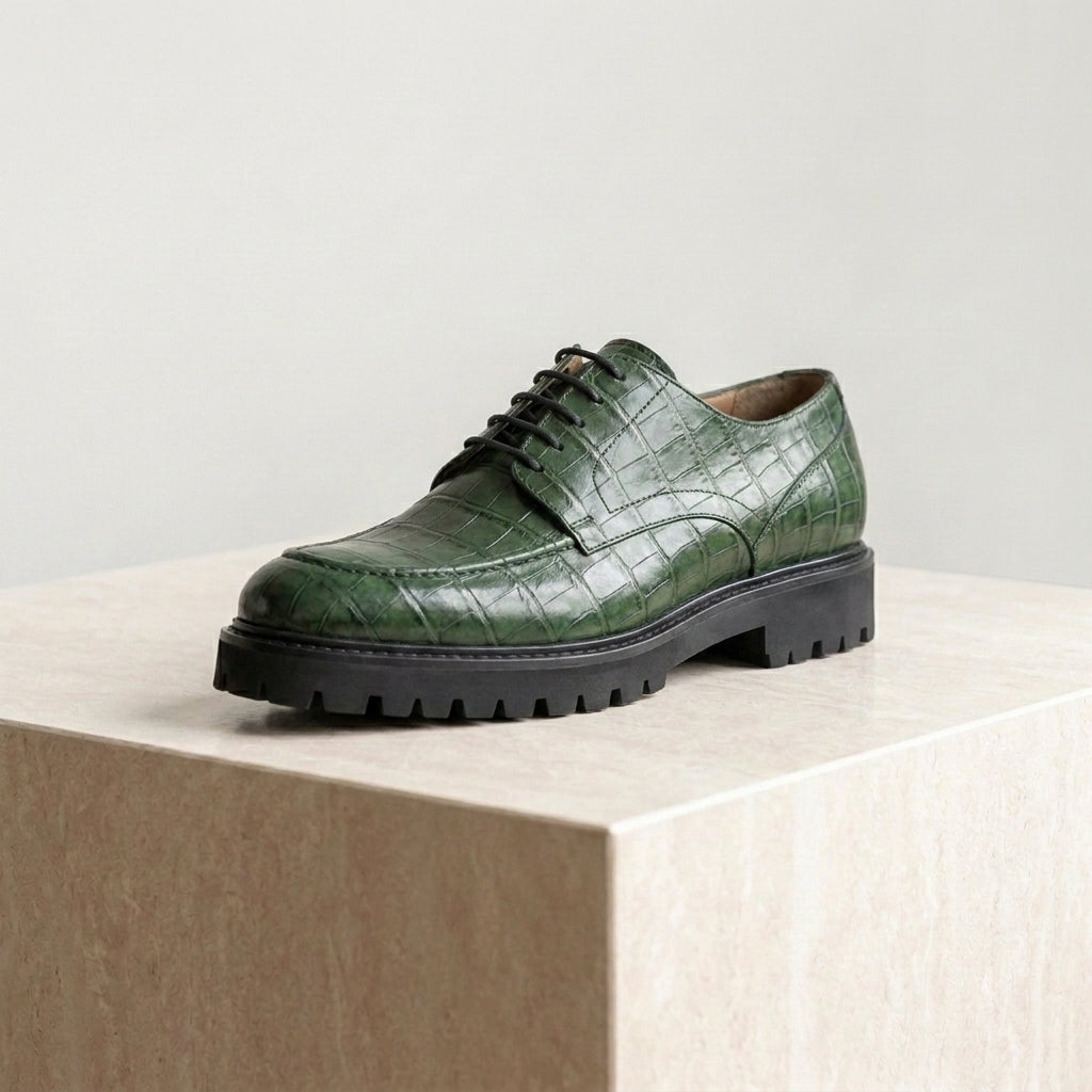 Green Crocodile-Print Leather Adamello Chunky Derby with Pebble Rubber Sole