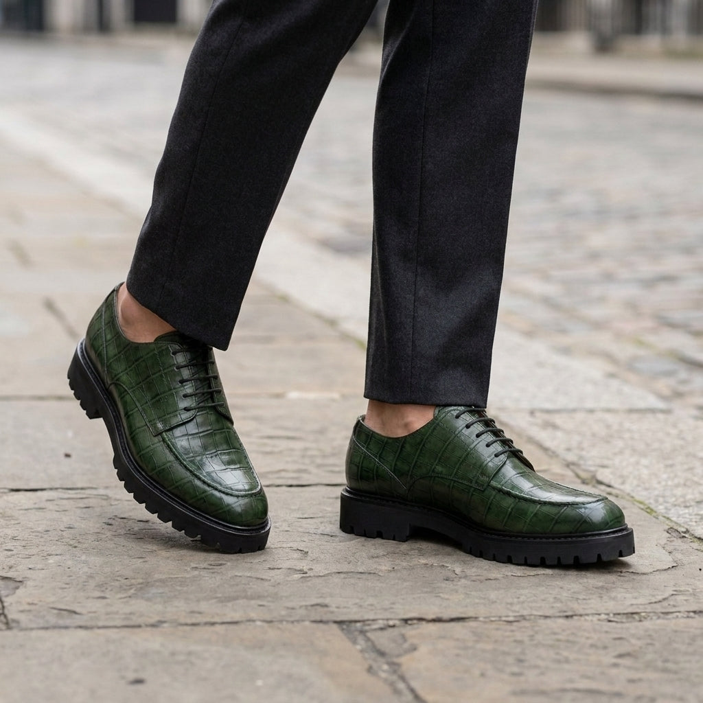 Green Crocodile-Print Leather Adamello Chunky Derby with Pebble Rubber Sole