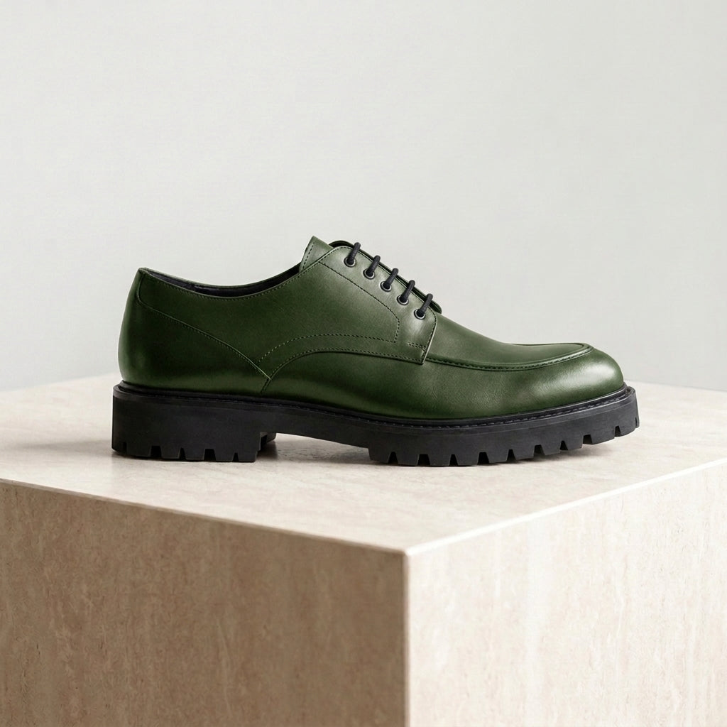 Green Leather Adamello Chunky Derby with Pebble Rubber Sole