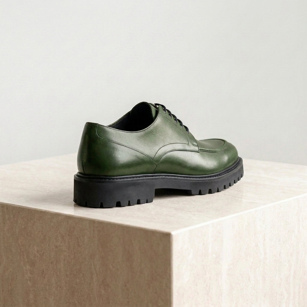 Green Leather Adamello Chunky Derby with Pebble Rubber Sole