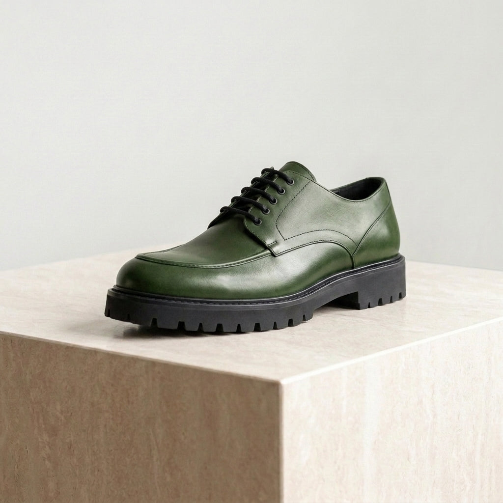 Green Leather Adamello Chunky Derby with Pebble Rubber Sole