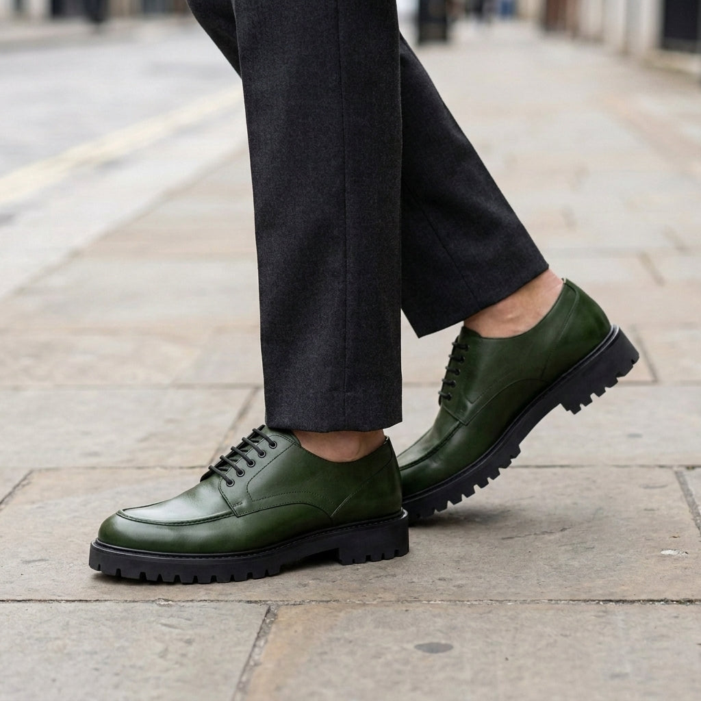 Green Leather Adamello Chunky Derby with Pebble Rubber Sole