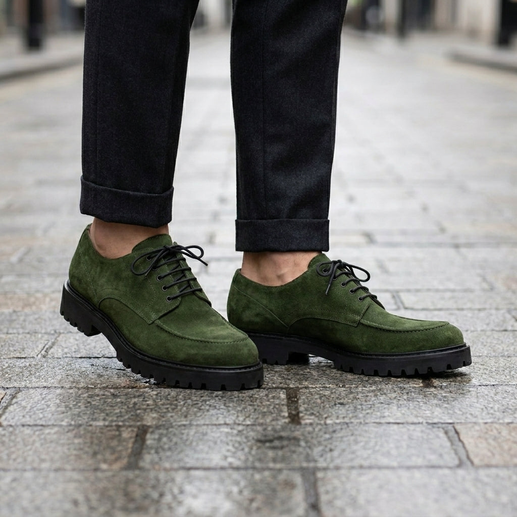 Green Suede Adamello Chunky Derby with Pebble Rubber Sole
