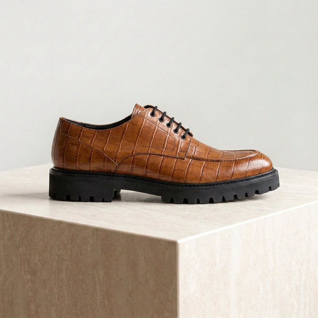 Tan Crocodile-Print Leather Adamello Chunky Derby with Pebble Rubber Sole