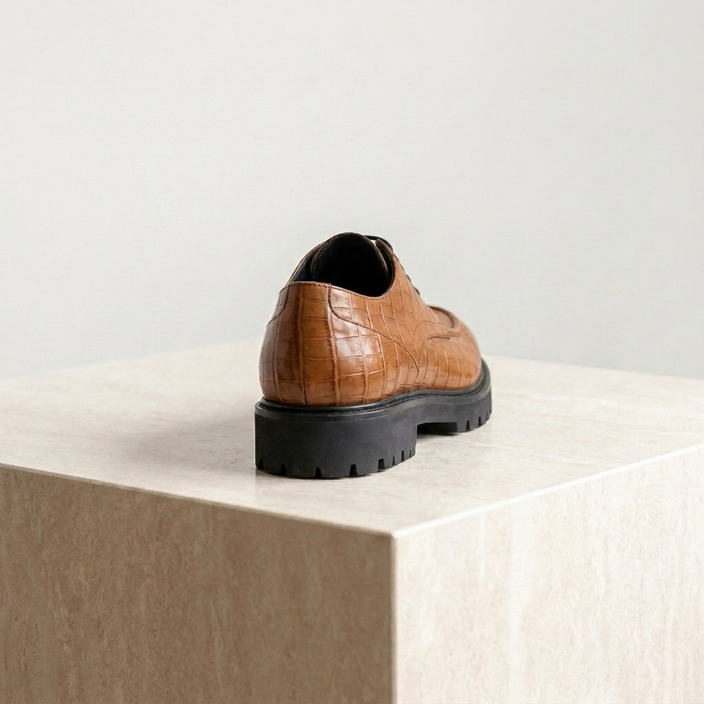 Tan Crocodile-Print Leather Adamello Chunky Derby with Pebble Rubber Sole