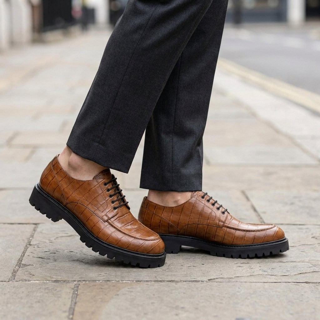 Tan Crocodile-Print Leather Adamello Chunky Derby with Pebble Rubber Sole