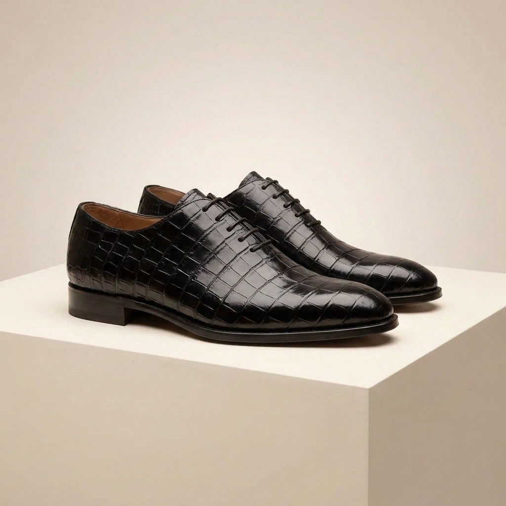 Black Crocodile-Print Leather Alberobello Wholecut Oxford with Black Leather Sole